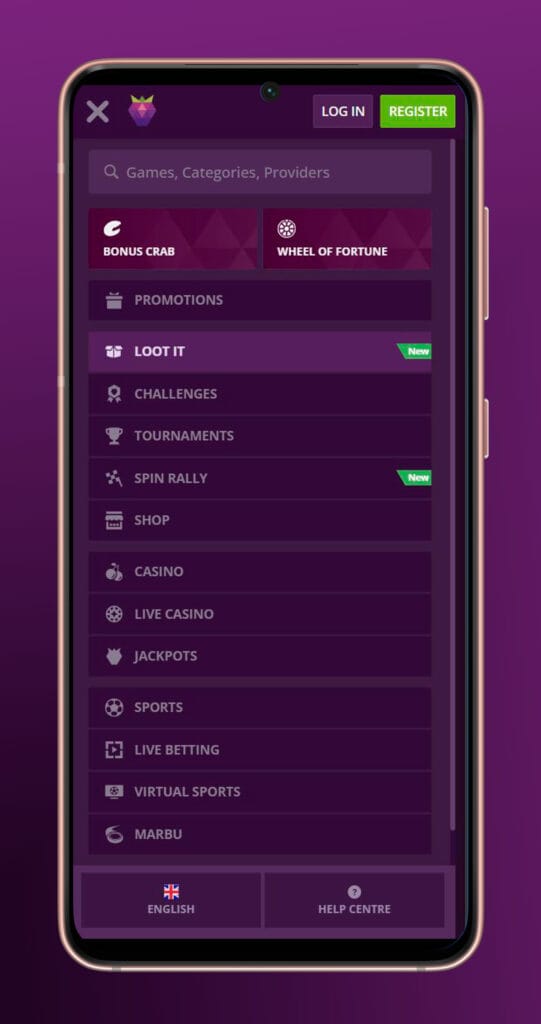 menu mobile app malina casino